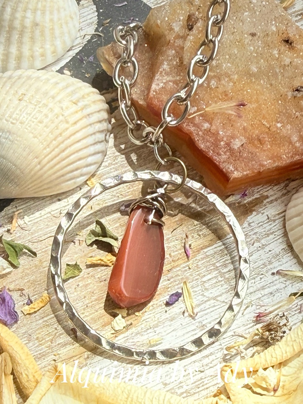 Silver Hammered Hoop Necklace with Carnelian Stone